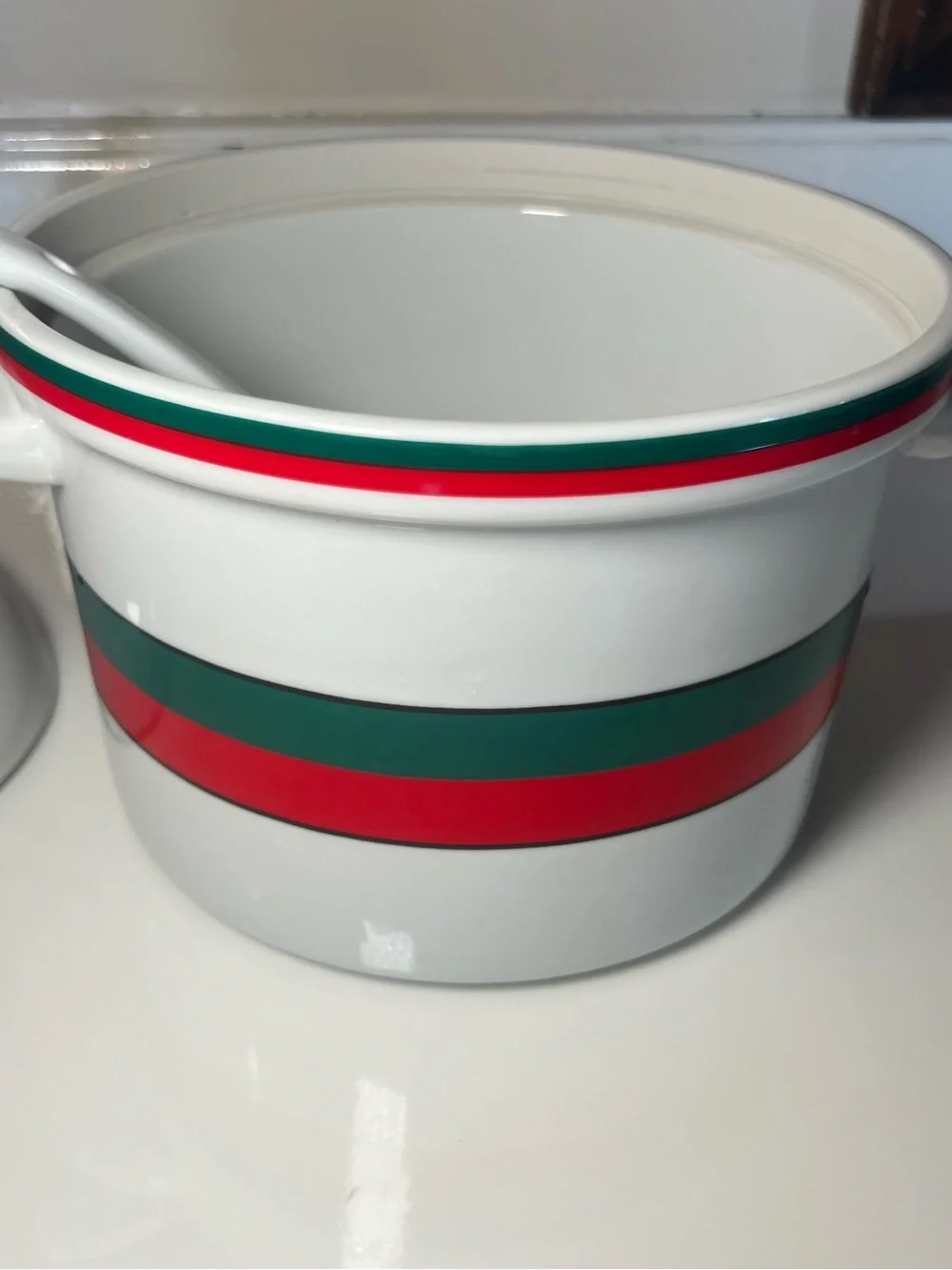 Tabasco White Ceramic Covered Sauce Pot with Red and Green Stripes